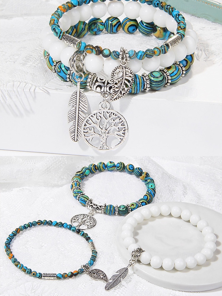 Set di bracciali da donna in stile boho con perline turchesi, con ciondolo a forma di albero della vita e piuma, elastico, perline in pietra naturale, adatti per abbigliamento casual, feste e regali. del 2025 a $9.99 –P5