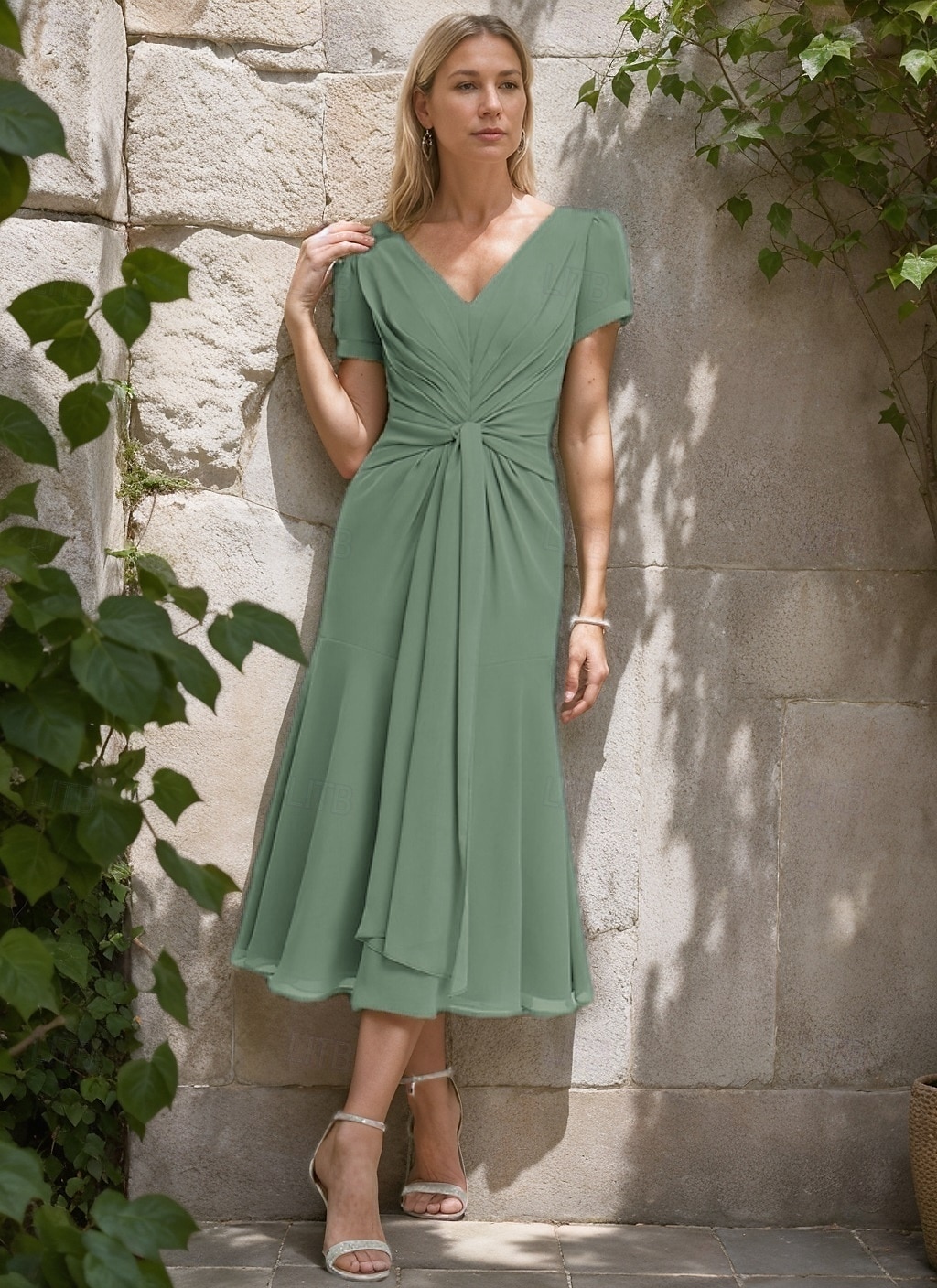 A-Line Mother of the Bride Dress Formal Wedding Guest Elegant Simple Minimalist V Neck Tea Length Chiffon Short Sleeve with Pleats Ruched 2025 - $125.99 –P13