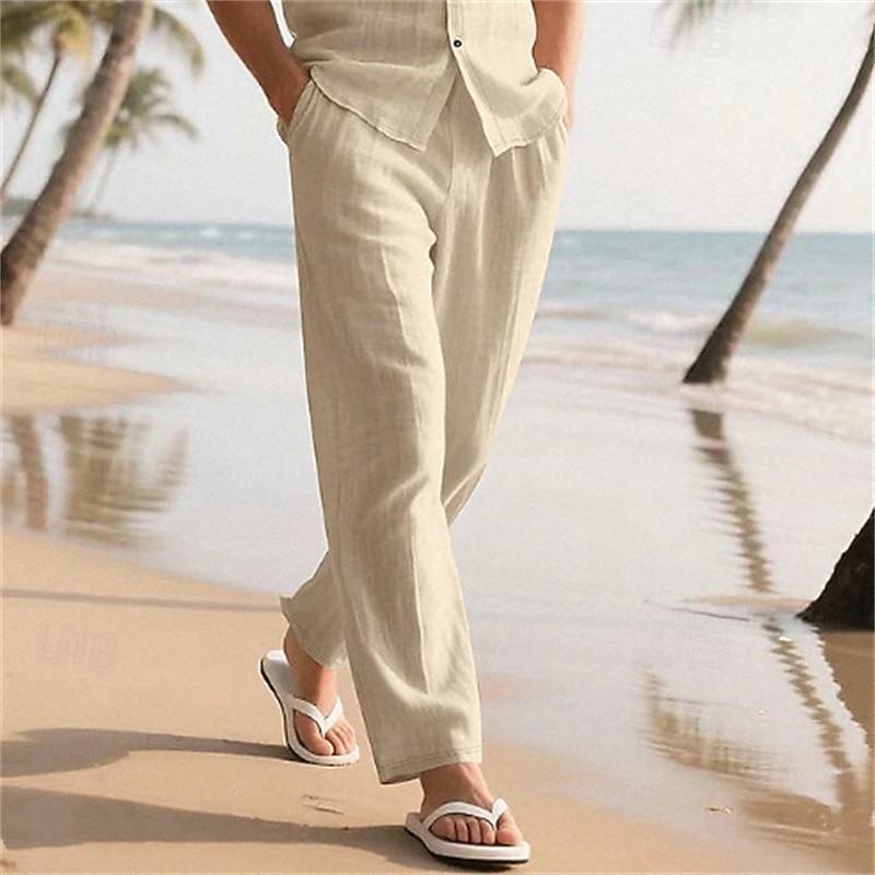 Men's Linen Pants Trousers Summer Pants Baggy Pants Beach Pants Drawstring Elastic Waist Straight Leg Plain Comfort Breathable Full Length Casual Daily Outdoor Vacation Classic Style Khaki Inelastic 2026 - $21.99 –P5