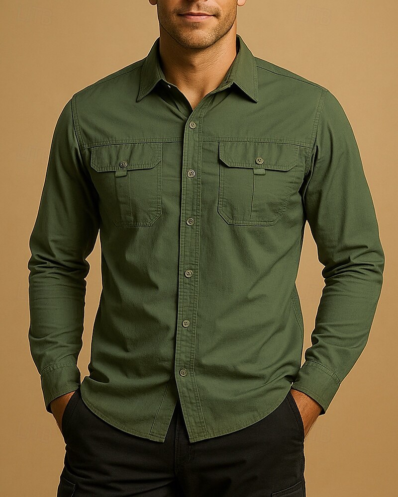 Per uomo camicia cargo Camicia da escursionismo Camicia militare Manica Lunga Collo ripiegato Maglietta Top Esterno Asciugatura Rapida Leggero Traspirante Cotone Nero Verde militare Cachi Caccia del 2025 a $26.99 –P1