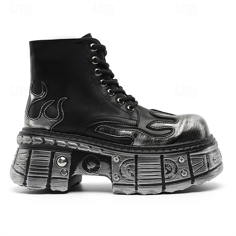 herre gotiske flammende platåstøvler – steampunk ankelstøvletter med grov såle og snøring for punkrockfester og cosplay 2025 - $84.99 –P4