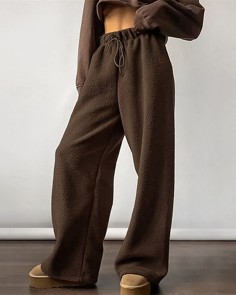 Dam Fleecebyxor Byxor Rak Mode Streetwear Fullängd Hög midja Slät Snörning Elastisk midja Mateial som andas Bekväm Microelastisk Gata Dagliga kläder Utekväll Vit Brun Kaki Höst Vinter Normal 2025 - $32.99 –P7