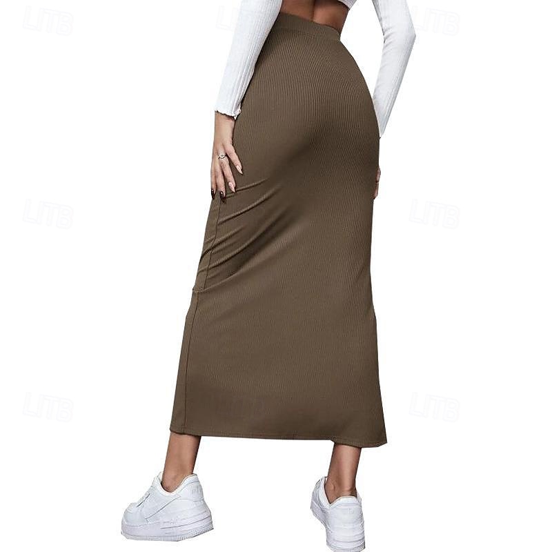 Dames Rok Casual Maxi Medium taille Rokken Effen Gespleten punten Micro-elastisch Vakantie Straat Zwart Rood Licht Bruin Bruin Zomer Polyester 2025 - $17.99 –P5