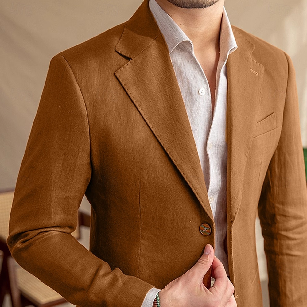 Hommes Blazer 100% lin Veste blazer Blazer en lin Formel Mariage Noël Élégant ancien Été Printemps 100% Lin Couleur Unie Avec Poches Boutonnage simple deux boutons veste Noir Blanche Orange Vert de 2025 ? $151.99 –P10