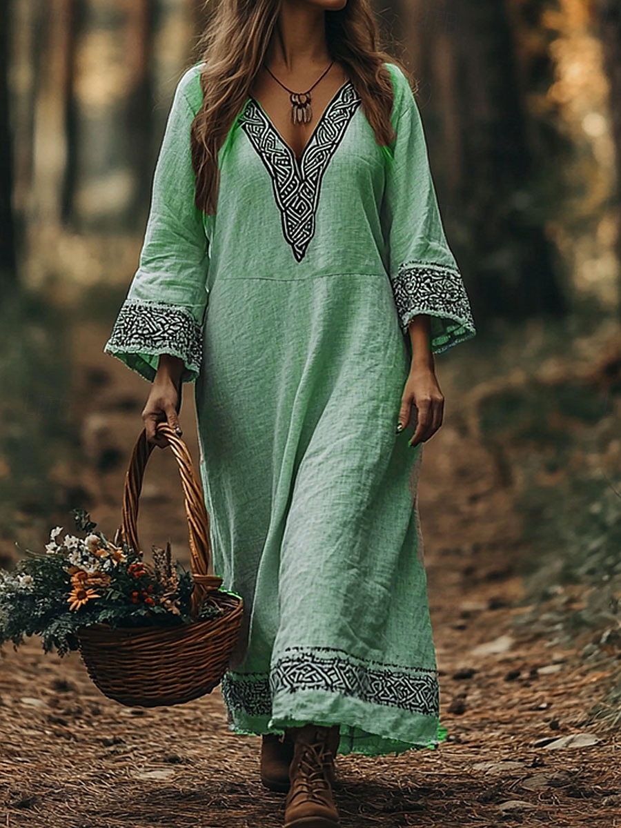 Damen Maxikleid A Linie Kleid Urlaub Lässig Boho Strand Normale Passform Grafik Geometrisch Langarm V Ausschnitt Rosa Blau Purpur Grün Sommer Frühling Herbst 2025 - $35.99 –P4
