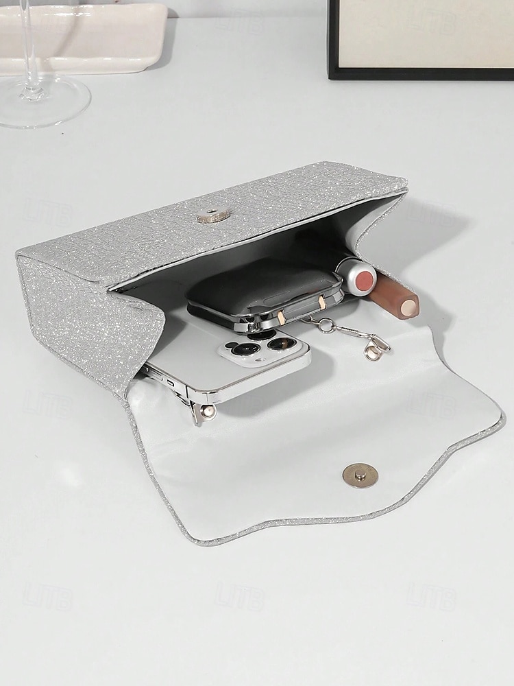 Bolso de mano para mujer con purpurina plateada y asa de diamantes de imitación: elegante bolso de noche para fiestas, bodas y cócteles. 2025 - $24.99 –P7