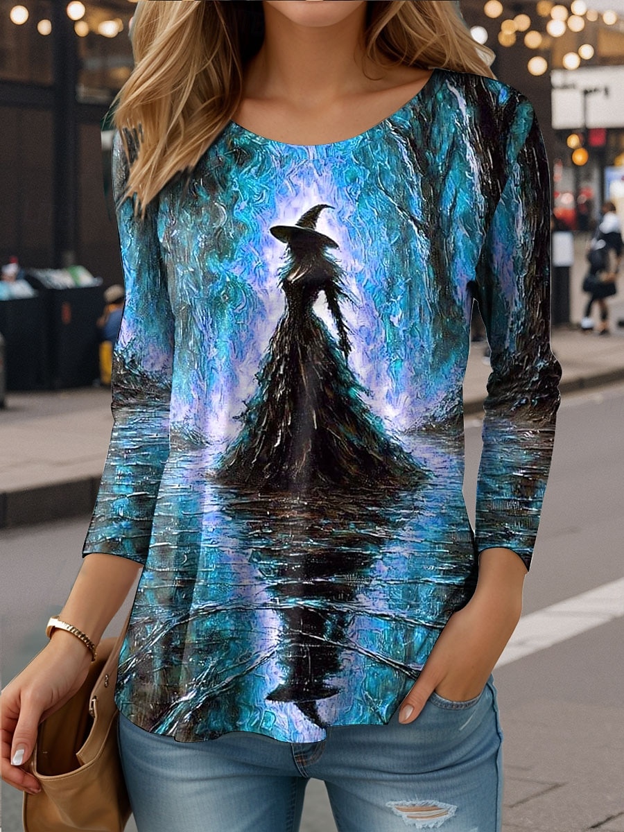 Halloween Pentru femei Tricou Grafic Vrăjitoare Epocă Stilat Casual Manșon Lung Stil Nautic Rotund Topuri obișnuite Zilnic Imprimeu Albastru piscină Mov Portocaliu Trifoi Vară Primăvară Toamnă 2025 - $8.99 –P3
