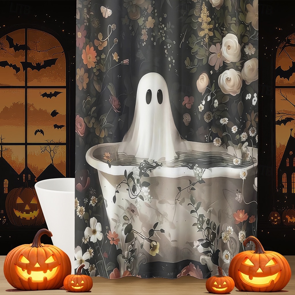 Halloweenský sprchový závěs s háčky, polyesterový, pratelný, voděodolný, vzorovaný, koupelnová vana, dekorace 2025 - $21.99 –P5
