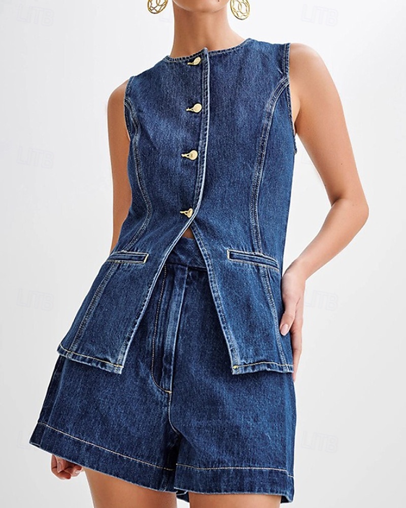 Women's Active Fashion Blouse Shorts Sets Sleeveless Crew Neck Solid Color Split Thigh Vacation Casual Daily Blue Summer Regular Fit 2025 - $48.99 –P1