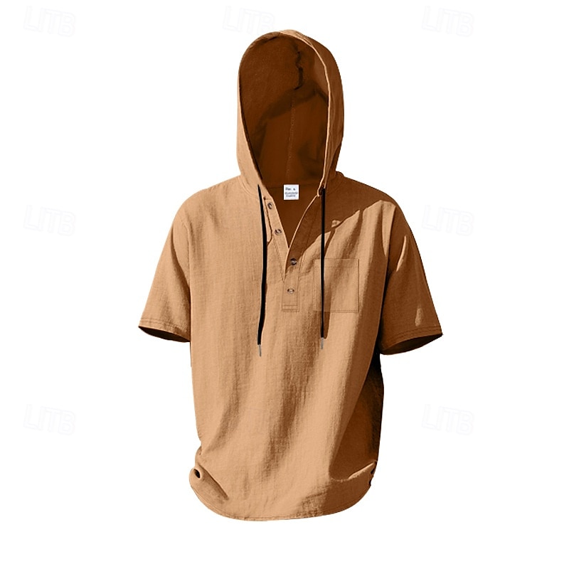 Men's Shirt Linen Shirt Popover Shirt Casual Shirt Cotton Shirt Plain Vacation Street Black White Navy Blue Brown Short Sleeve Hooded Summer Clothing Apparel Lace up 2025 - $22.99 –P3