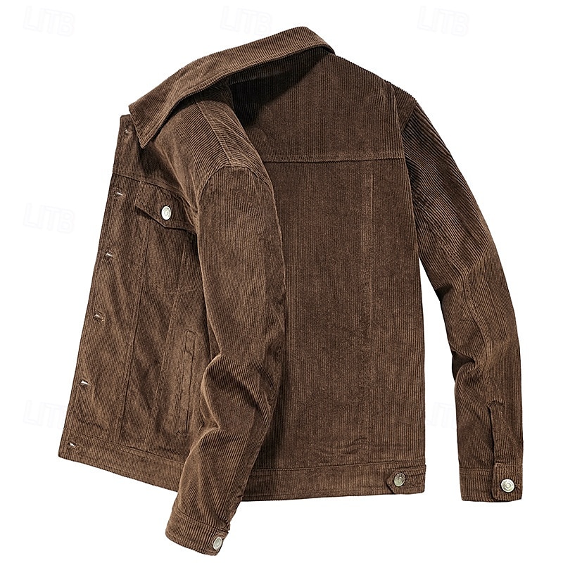 Men's Corduroy Jacket Cargo Jacket Casual Jacket Vacation Daily Pocket Fall Winter Plain Fashion Classic Lapel Regular Black Khaki Coffee Gray Jacket 2025 - $68.99 –P17