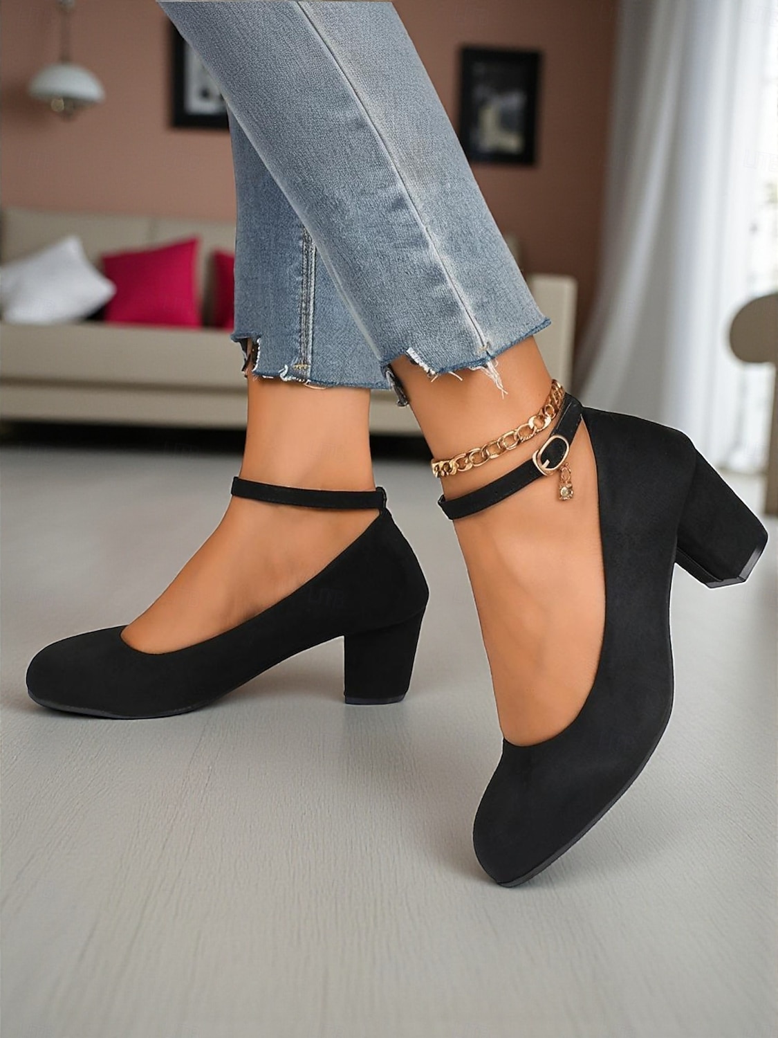 Sapatos Mary Jane femininos de salto bloco vermelho - sapatos sociais de camurça sintética com bico redondo e tira no tornozelo, estilo vintage para escritório, festas e uso diário de 2025 por $26.99 –P1