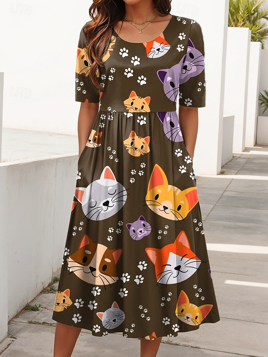Mujer Vestido Midi Vestido de verano Vestido plisado Vacaciones Casual Festivos Ajuste regular Graphic Animal Gato Media Manga Cuello Barco Negro Blanco Marrón Verano Primavera 2026 - $33.99 –P3