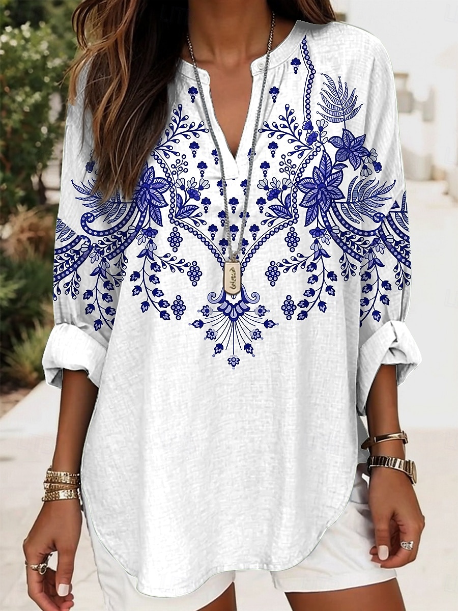 Dame Bluse Blomstret Grafisk Årgang Strandstil Langermet V-hals Vanlige topper Daglig Ferie Trykt mønster Hvit Rød Marineblå Lilla Grønn Sommer Vår 2025 - $24.99 –P7