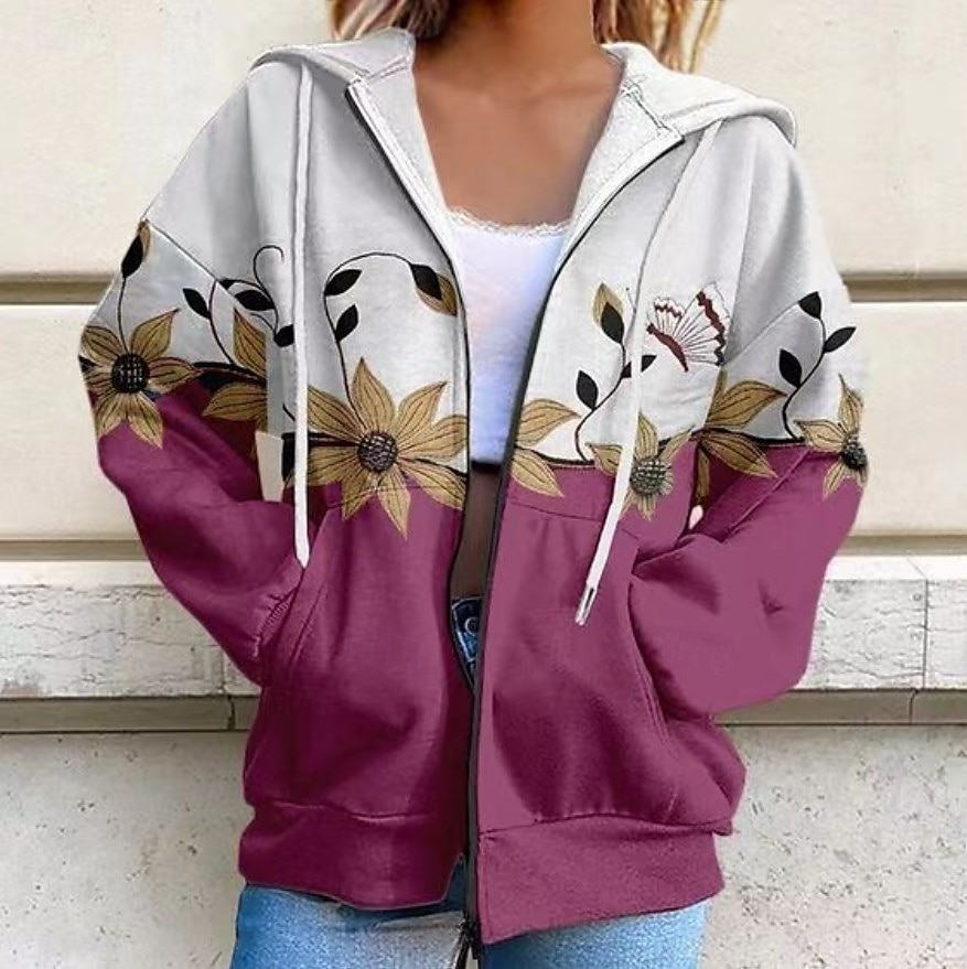 Dame Zipper Hoodie Blomster Grafisk Moteklær Casual Langermet Hette Vanlige Topper Gate Hverdagsbruk Lomme Trykk Hvit Lilla Fuksia Vår Høst 2025 - $27.99 –P6