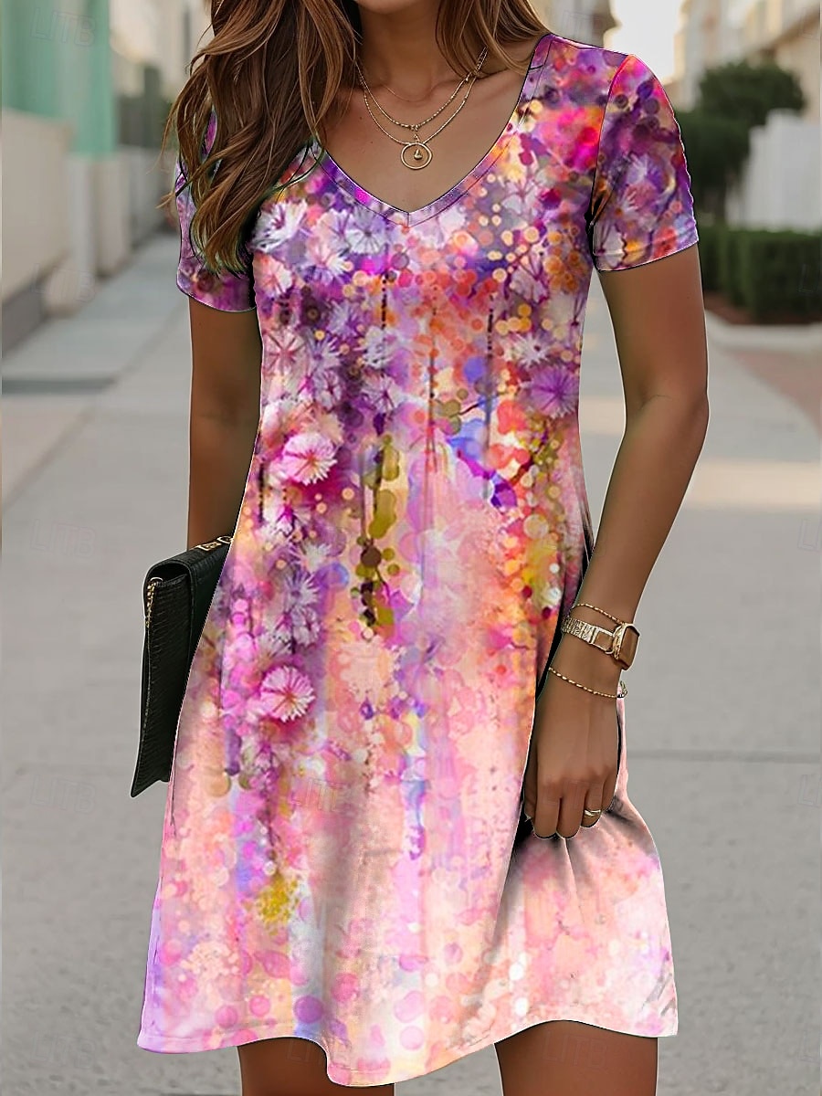 Femmes Mini Robe Robe T-Shirt Robe d'Été Robe trapèze Vacances Occasionnel Fête Plage Coupe régulière Fleuri Manche Courte Col en V Jaune Violet Orange Été Printemps de 2025 ? $23.99 –P3