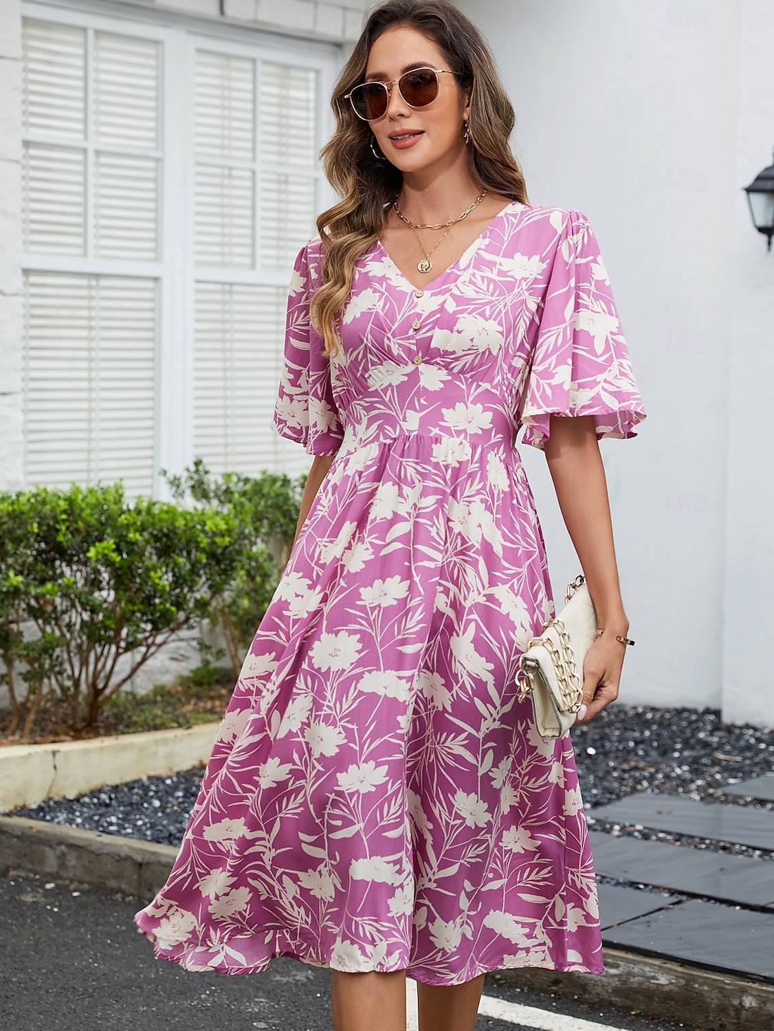 Damen Midikleid A Linie Kleid Urlaub Boho Strand Trompetenärmel Party Ausgehen Strand Lässiger Schnitt Blumen Grafik Kurzarm V Ausschnitt Violett Sommer Frühling 2025 - $28.99 –P1