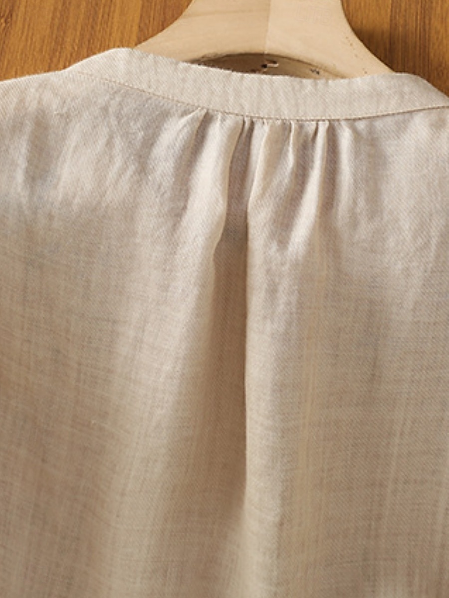 Femmes Chemises en coton et lin Fleuri Bohème Occasionnel Manche 3/4 Col ras du cou Hauts Réguliers Quotidien Broderie Vert Abricot Été Printemps Automne de 2025 ? $34.99 –P7