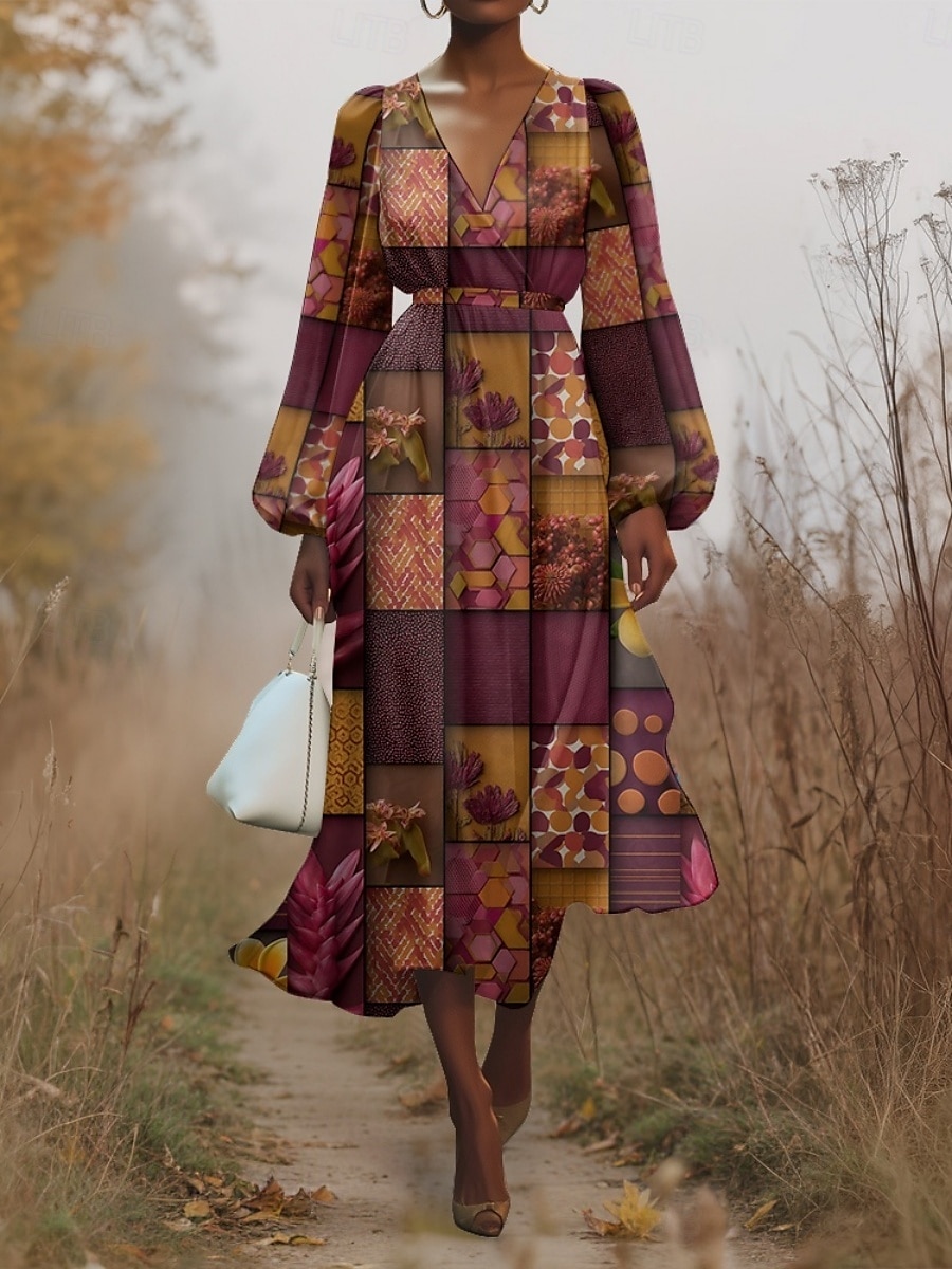 Damen Midikleid Freizeitkleid Chiffon Schwingkleid Modern Urlaub Täglich Wochenende Normale Passform Blumen Karomuster Langarm V Ausschnitt Dunkelgrün Purpur Grün Sommer Frühling Herbst 2025 - $31.99 –P1