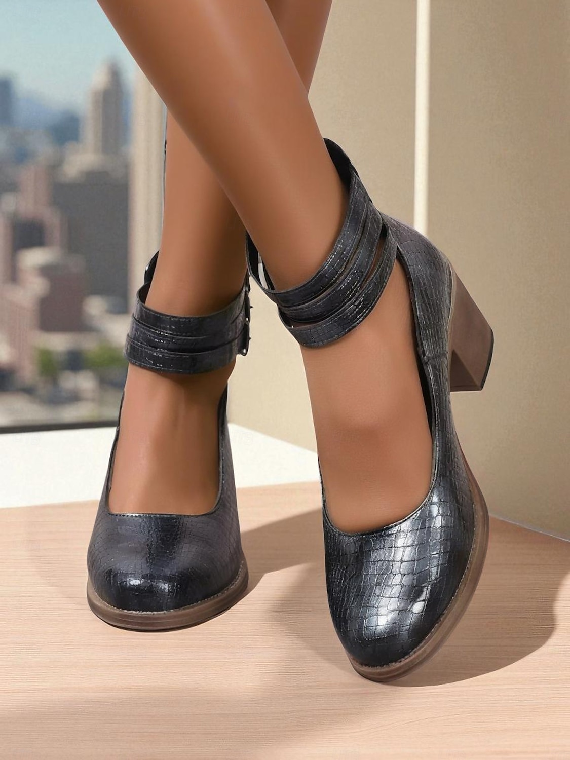 Sapatos femininos verdes de couro sintético com estampa de crocodilo e tira no tornozelo, salto grosso - sapatos Mary Jane retrô confortáveis para caminhar, para o escritório, roupas do dia a dia e de 2025 por $34.99 –P8