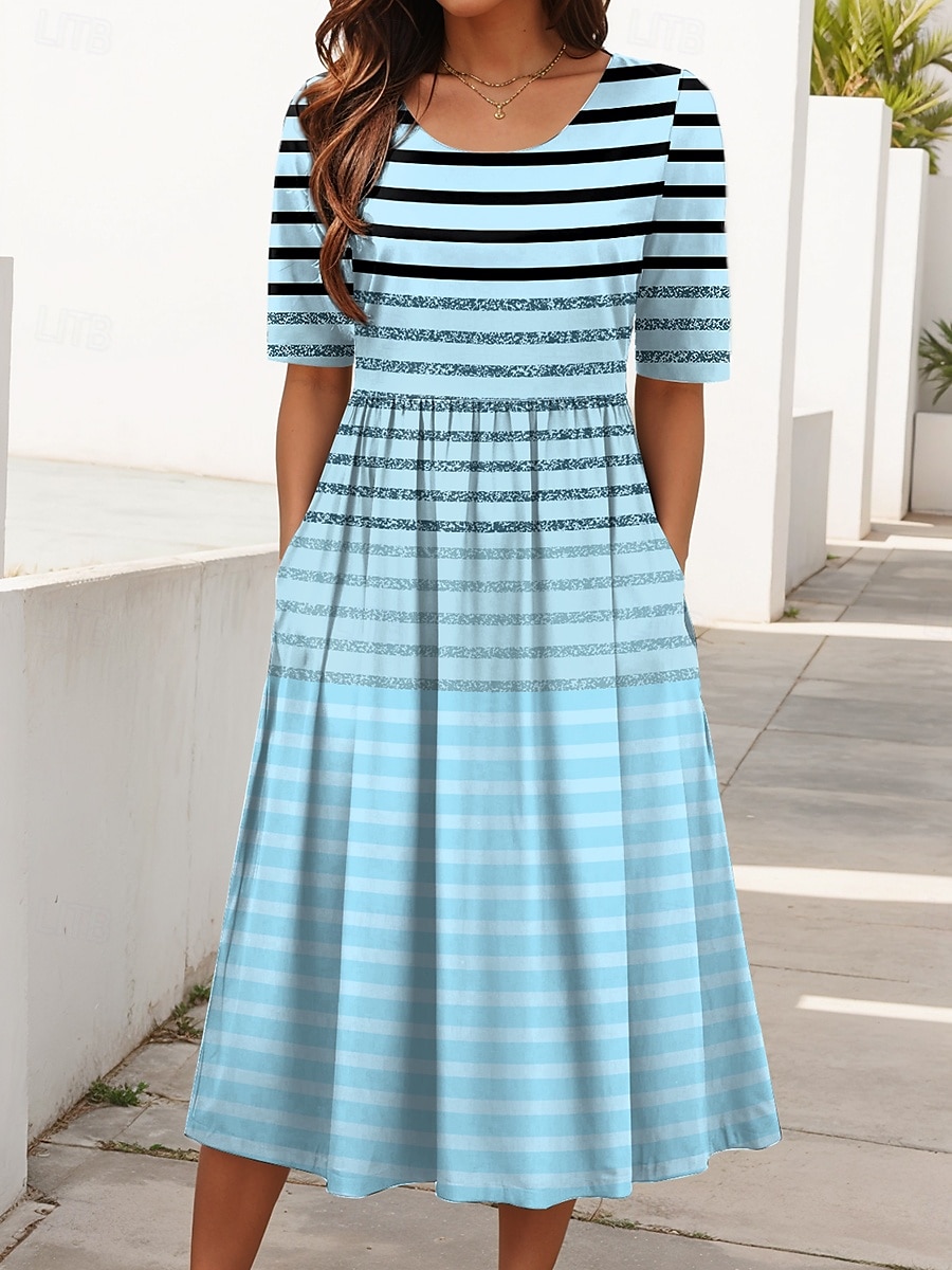 Damen Midikleid Sommerkleid Faltenkleid Urlaub Lässig Ferien Normale Passform Grafik Geometrisch Gestreift Halbarm Rundhalsausschnitt Rosa Blau Purpur Sommer Frühling 2025 - $31.99 –P3
