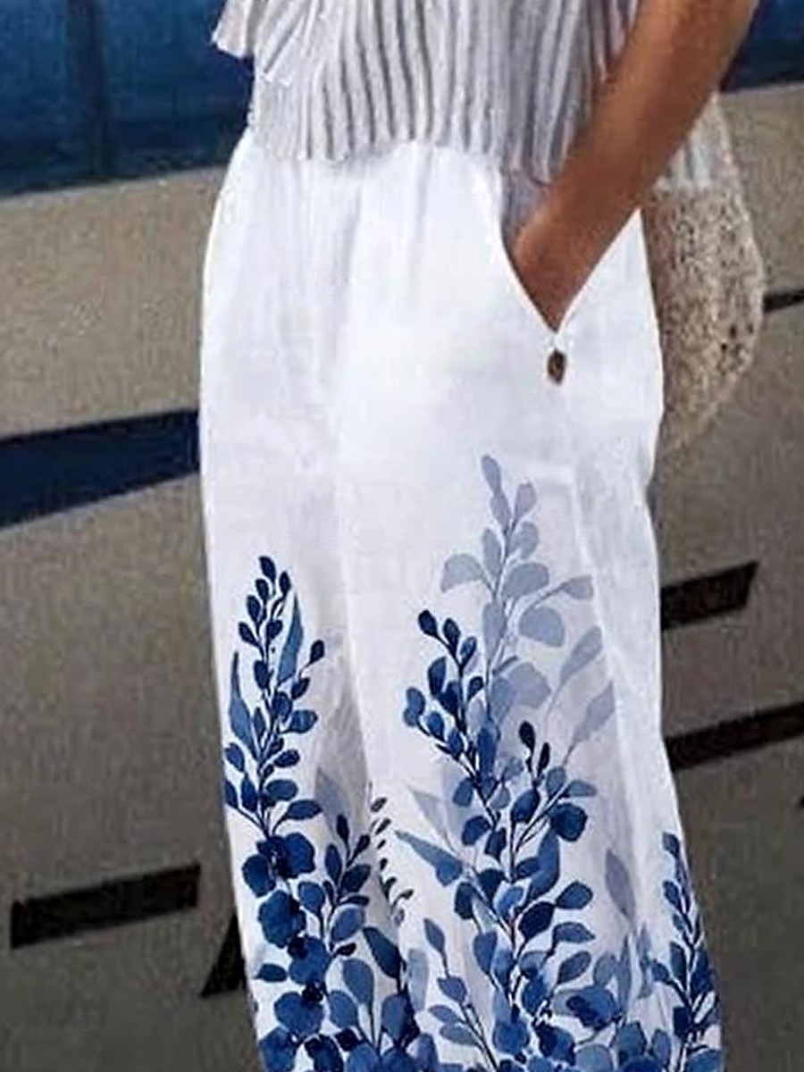 Women's Chinos Vacation Vintage Ethnic Style Ankle-Length High Waist Floral Graphic Leaf Pocket Soft Outdoor Breathable Inelastic Vacation Street Causal White-Blue Purple Green Khaki Summer Spring 2025 - $32.99 –P2