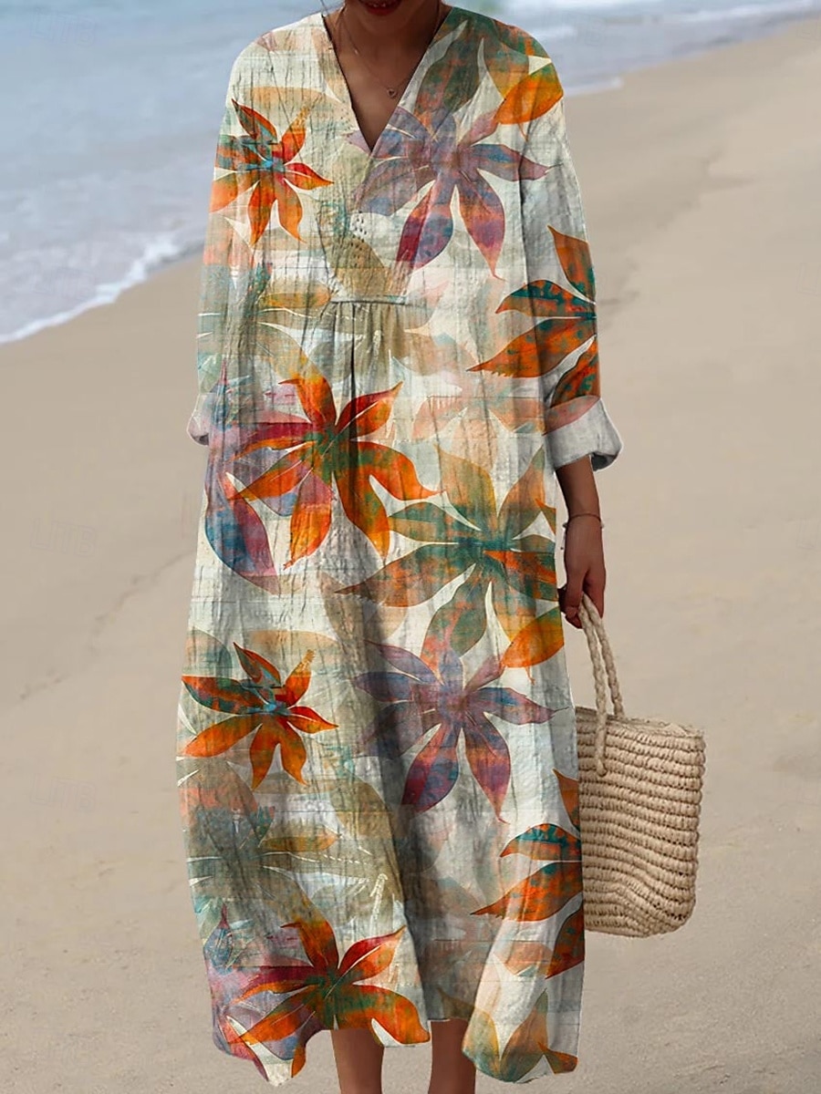 Dam Midi Klänning V-hals Lång ärm Kaftan Lätt Loose Fit A-linje Klänning Avslappnad Utgång Loose Fit Grafisk Geometrisk Lång ärm V-hals Mörkröd Gul Blå Grön Höst 2025 - $35.99 –P3