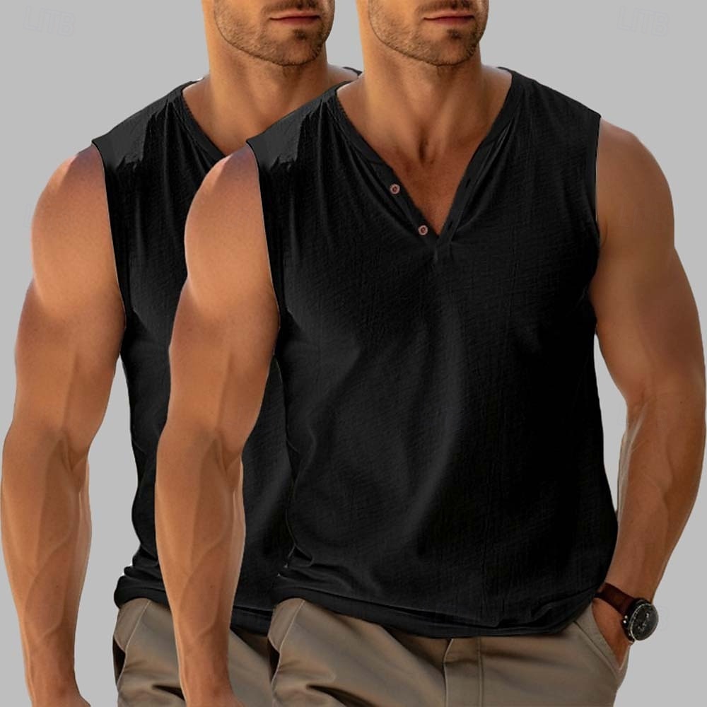 Férfi Henley ing Tee Top Ujjatlan Rövid ujjú V-alakú Nyár Sima Divat Dizájn Alap 2 db Vakáció Utca Hétköznapi Fekete + Fekete Fehér + khaki Fekete+ Khaki Férfi felső póló 2025 - $23.99 –P9
