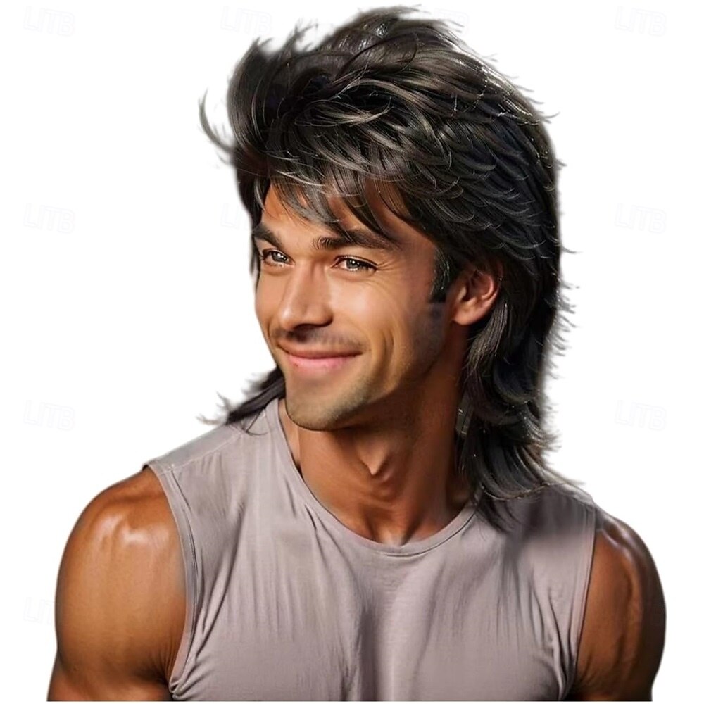 Mullet-peruukki musta 80-luvun miesten peruukki punk rocker hiukset juhlat päivittäin halloween-asut pitkät peruukit 2026 - $21.99 –P1