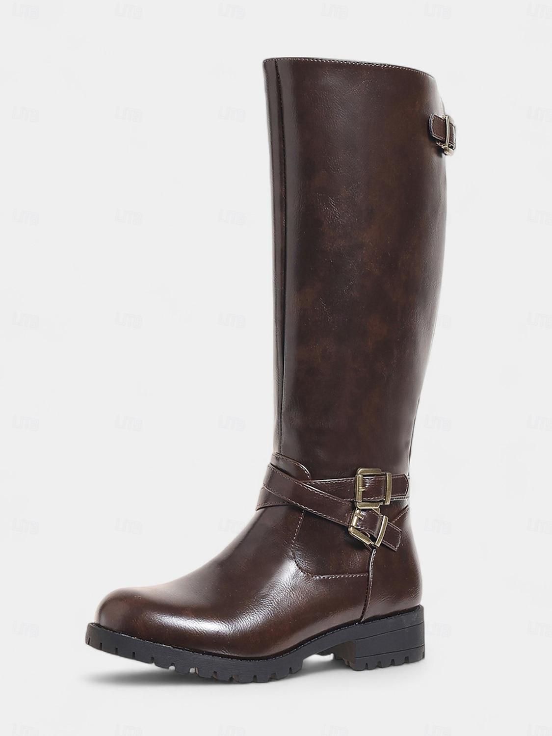 Botas de montar hasta la rodilla para mujer en color café con detalle de hebilla: botas clásicas de piel sintética de pantorrilla ancha para otoño, viajes y uso diario. 2025 - $46.99 –P1