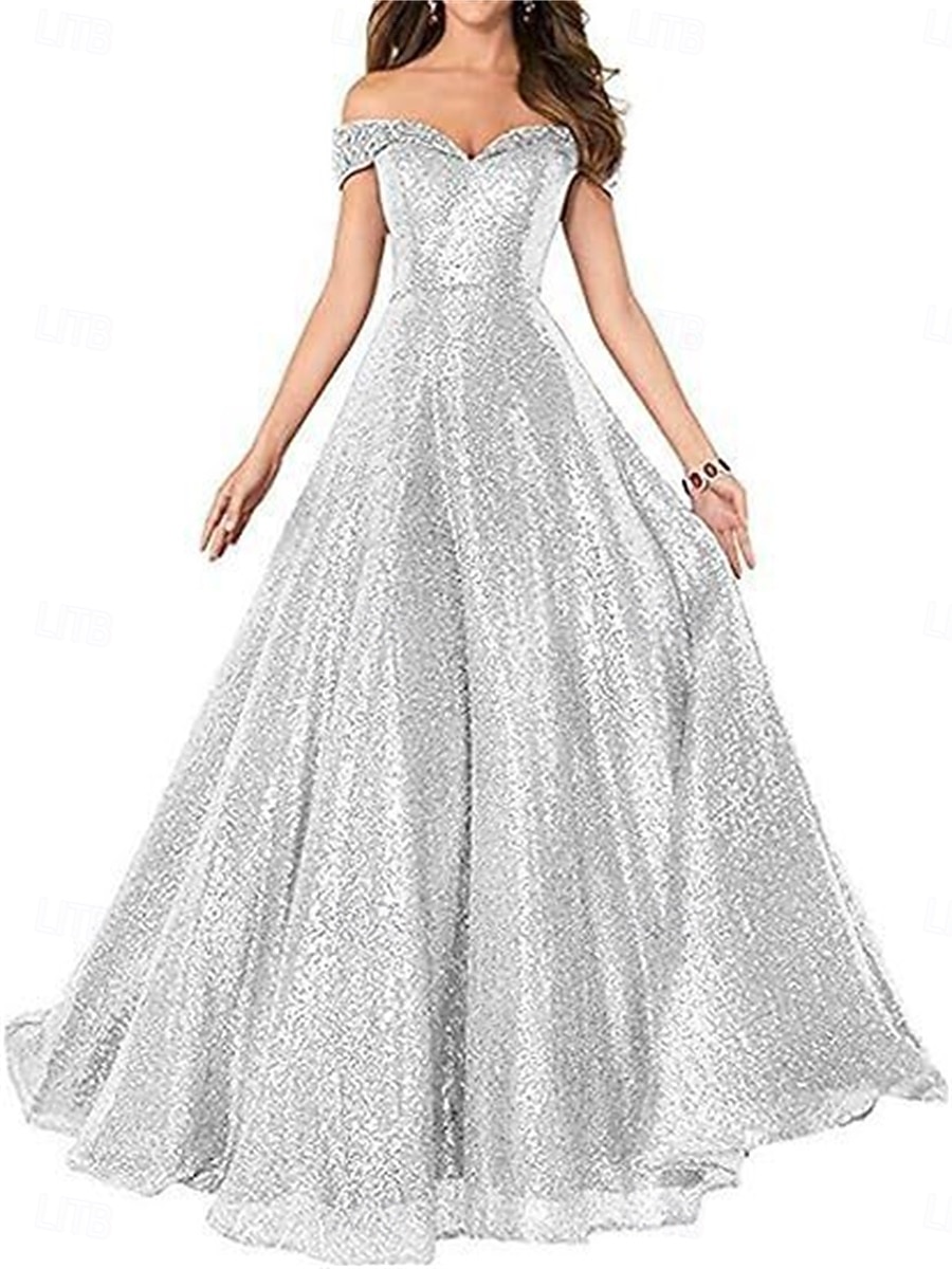 A-Line Evening Gown Elegant Dress Formal Performance Floor Length Short Sleeve Off Shoulder Sequined Backless with Pleats 2025 - $129.99 –P4