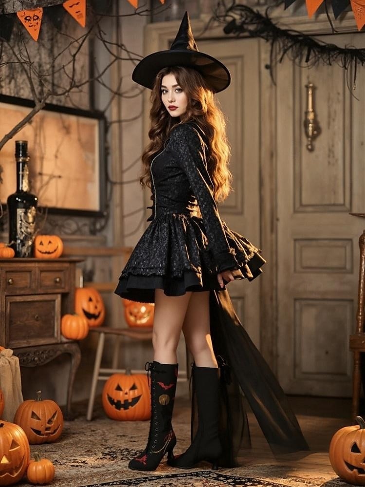 Dámské gotické halloweenské vyšívané šněrovací boty - vintage styl černého kostýmu čarodějnice z roku 1900, podpatky do půli lýtek pro cosplay, večírky a tematické akce 2025 - $59.99 –P1