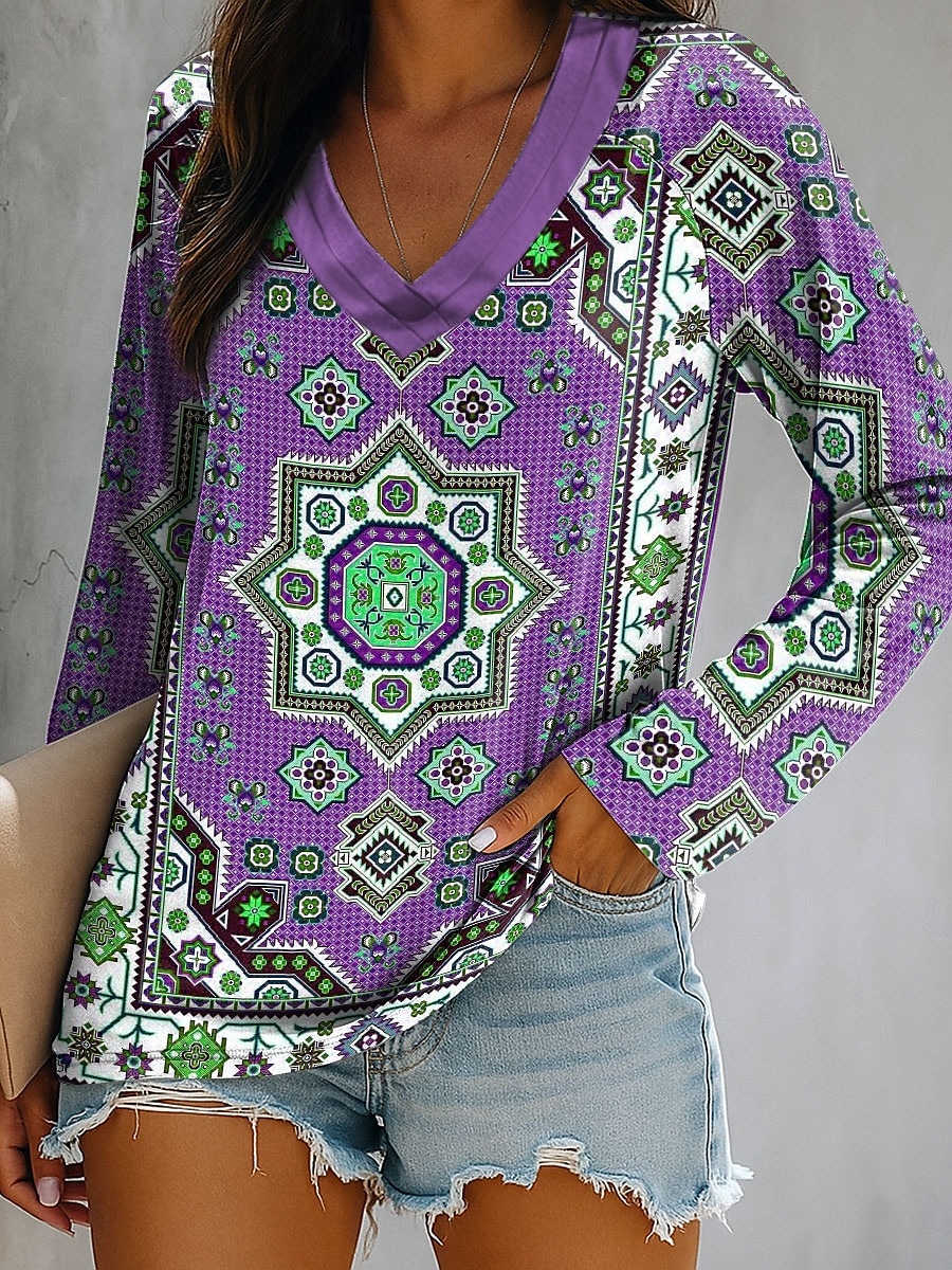 Femmes T-shirt Graphique Géométrique Paisley Élégant ancien Classique manche longue Col en V Hauts Réguliers Quotidien Sortir Week-end Imprimé Bleu Violet Vert Été Printemps Automne de 2025 ? $22.99 –P3