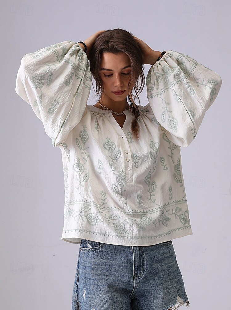 Női Ing Virágos Elegáns Csehország Szüret Hosszú ujj Lámpás hüvely V-alakú Crop Tops Napi Szabadság Alkalmi Hímzett Törtfehér hímzett szilvapiros-FEHÉR 2# sárgabarack hímzés világoszöld-sárgabarack 2025 - $54.99 –P6