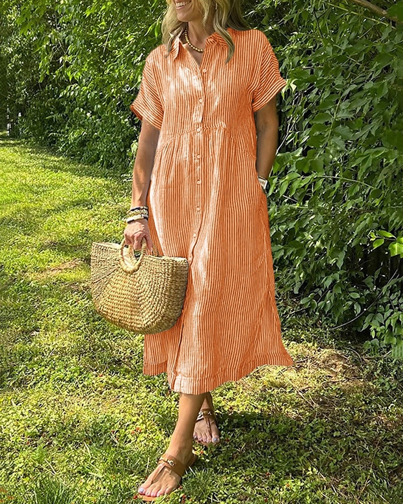 Femmes Robe Longue Maxi Robe Robe Chemise Robe Décontractée Mode Extérieur Soirée Fête Coupe régulière Rayé Manche Courte Col de chemise Noir Blanche Jaune Rose Claire Été de 2025 ? $38.99 –P10