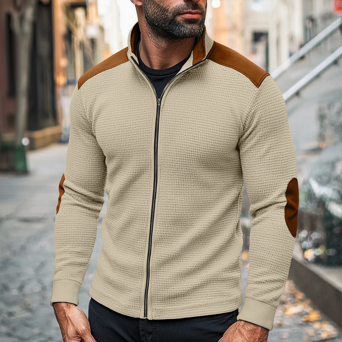 Herren T Shirt Jacke Waffelstrick T-Shirt T-Shirt Langarm Stehkragen Herbst Frühling & Herbst Farbblock Mode Designer Basic Reißverschluss Patchwork Urlaub Straße Lässig Weiß Marineblau Kaki Top 2025 - $25.99 –P5