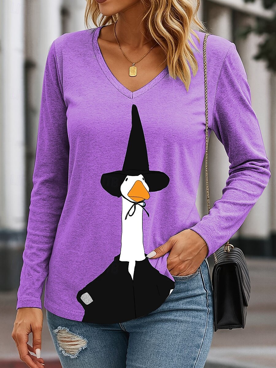 Halloween Femmes T-shirt Graphique Halloween Canard Élégant ancien Western manche longue Col en V Hauts Réguliers Quotidien Sortir Week-end Imprimé Bleu Violet Vert Kaki Printemps Automne de 2025 ? $22.99 –P3