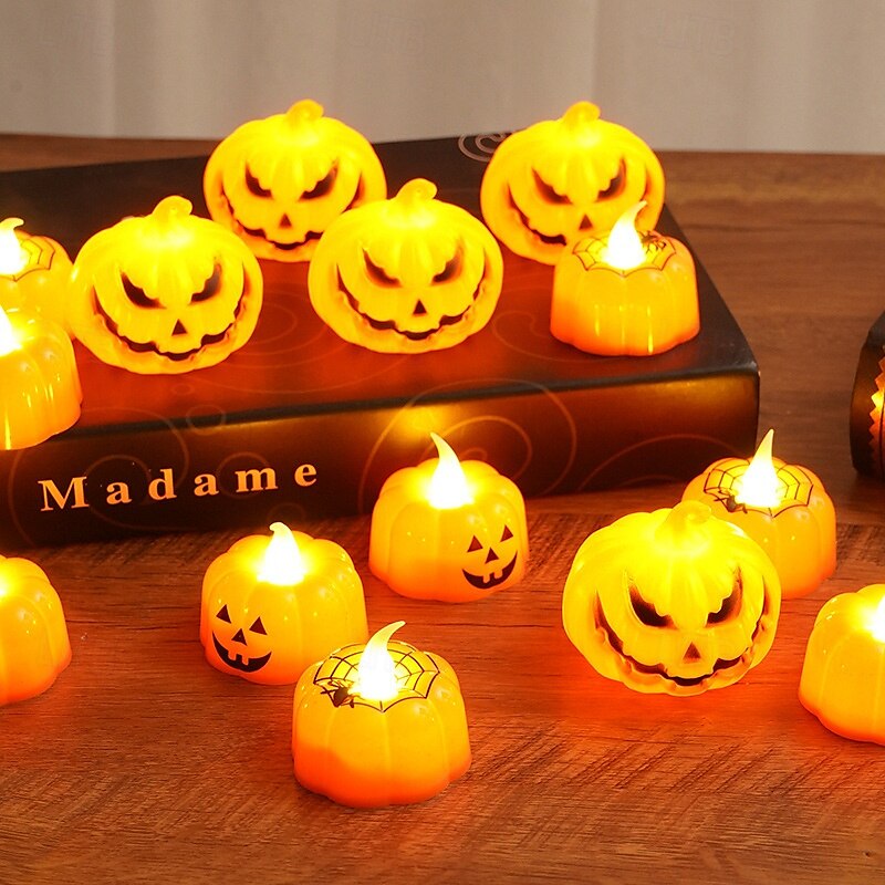 12 candele elettroniche a forma di zucca di Halloween con faccia di ragno, per interni ed esterni, per decorazioni di feste, atmosfere luminose del 2025 a $15.99 –P14