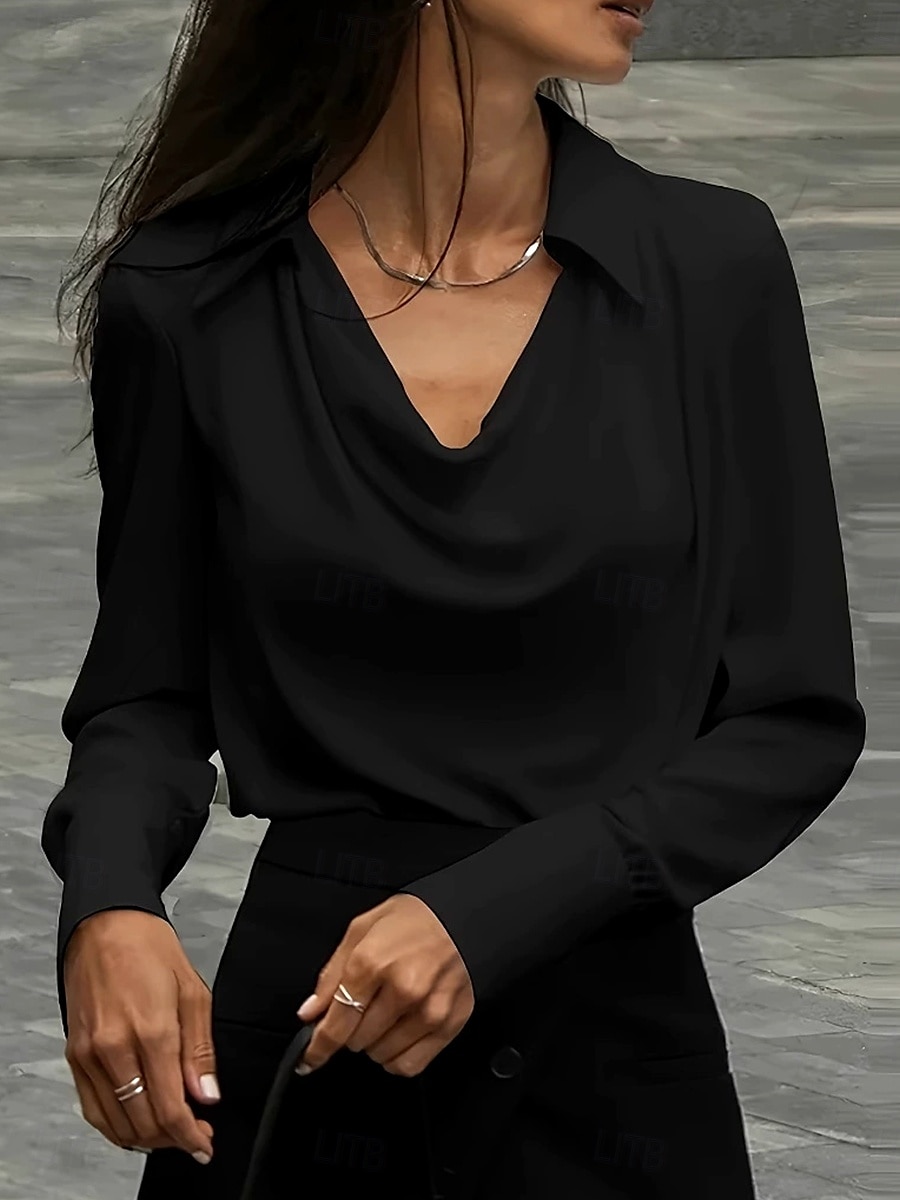 Women's Shirt Solid Color Plain Elegant Vintage Tropical Long Sleeve Cowl Neck Shirt Collar Regular Tops Work Daily Semi Formal Ruched Black White Dusty Rose Blue Summer Spring 2025 - $23.99 –P2