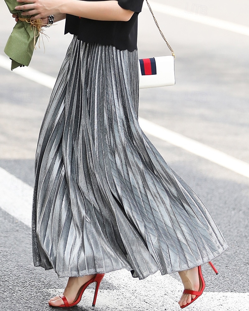 Femmes Jupe Mode Occasionnel Maxi Taille haute Jupes Uni Plissé Micro-Élastique Décontracté Quotidien Week-end Argent Noir Dorée Rouge Été Polyester de 2025 ? $19.99 –P10