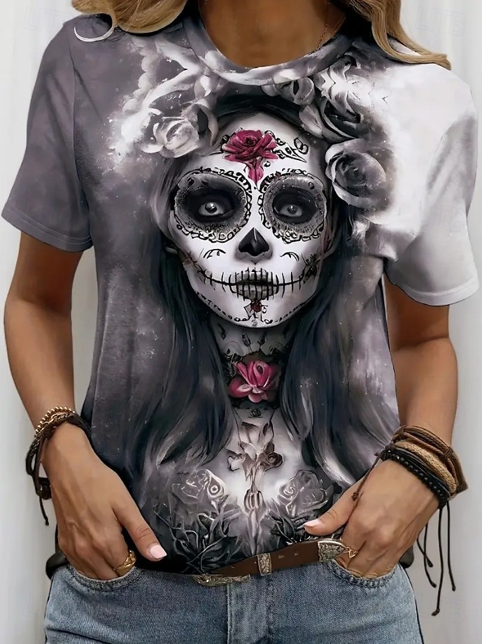 Halloween Femmes T-shirt Fleuri Graphique Crâne ancien Élégant Classique Manche Courte Col ras du cou Col rond Hauts Réguliers Quotidien Week-end Imprimé Noir Violet Gris Été Automne de 2025 ? $19.99 –P1