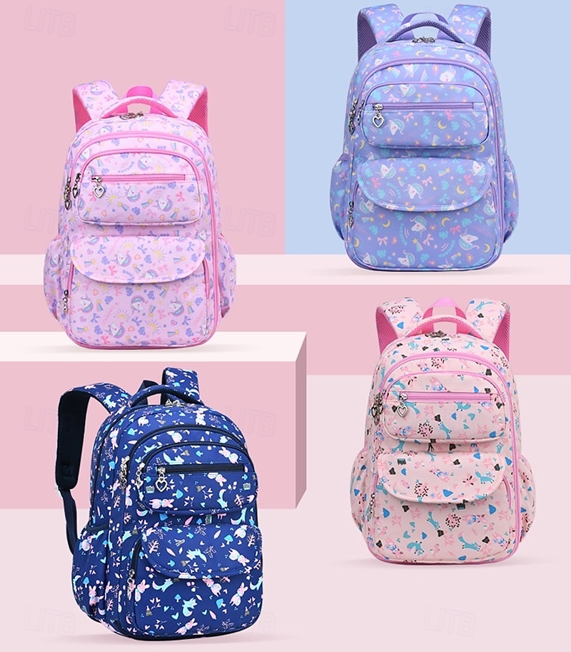 Zaino scolastico stampato per bambine con ciondolo a forma di cuore con cerniera, zaino multitasche leggero e impermeabile per studenti delle scuole elementari e medie, disponibile in rosa, viola, blu e beige del 2025 a $34.99 –P6