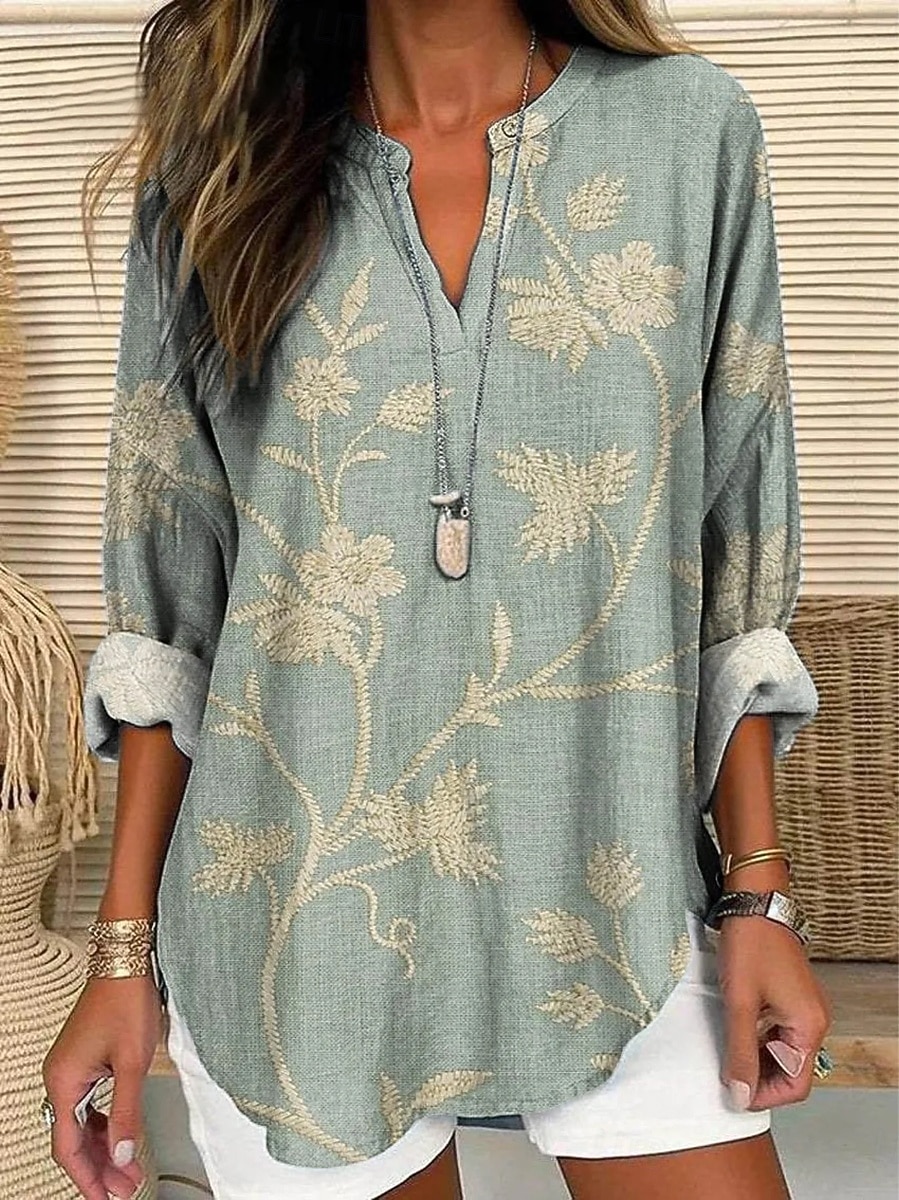 Women's Blouse Linen Like Breathable Lightweight Tunic V Neck Long Sleeve Boho Casual Graphic Paisley Vintage Tropical Regular Tops Daily Wear Print Red Blue Green 2026 - $32.99 –P2
