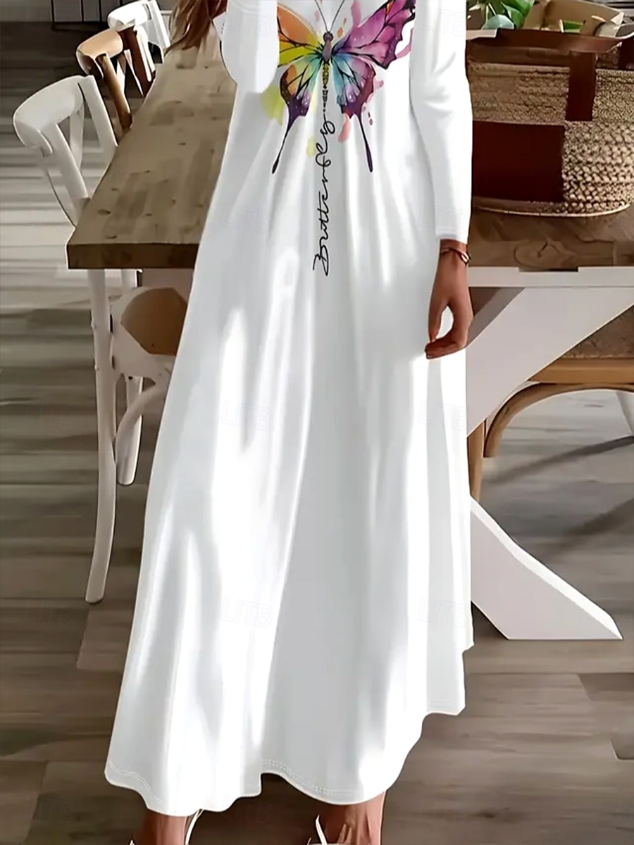 Per donna Abito lungo maxi Abito Bianco Vestito Casual Abito a trapezio Elegante Casual Ferie Vestibilità comoda Grafico Farfalla Manica Lunga Scollo a V Bianco Primavera Autunno Inverno del 2025 a $36.99 –P3