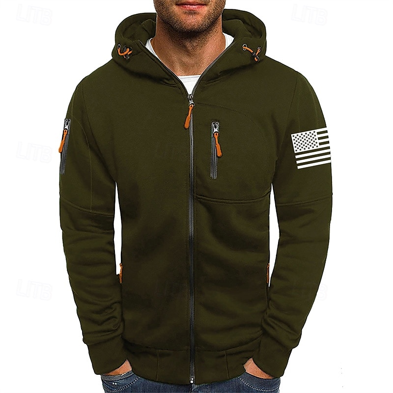 Per uomo Felpa con cappuccio Felpa con cappuccio a zip intera Nero Bianco Vino Verde militare Blu marino Con Cappuccio Bandiera Nazionale Con zip Tasca Sport & Outdoor Quotidiano Ferie Poliestere del 2025 a $22.99 –P5