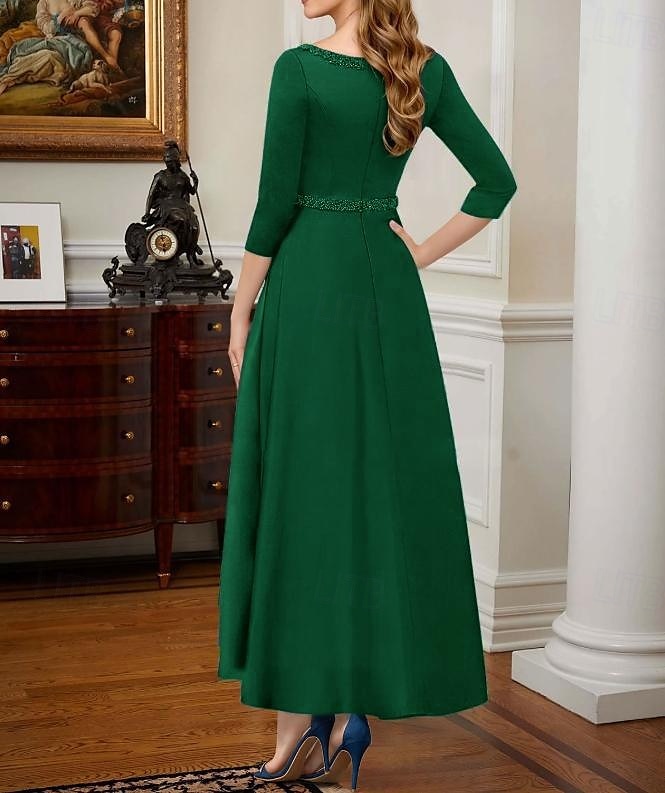 Robe de cocktail trapèze élégante, robe de soirée formelle, longueur thé, robe asymétrique, manches mi-longues, col en V, satin extensible avec poche à perles, 2025 de 2025 ? $142.99 –P3