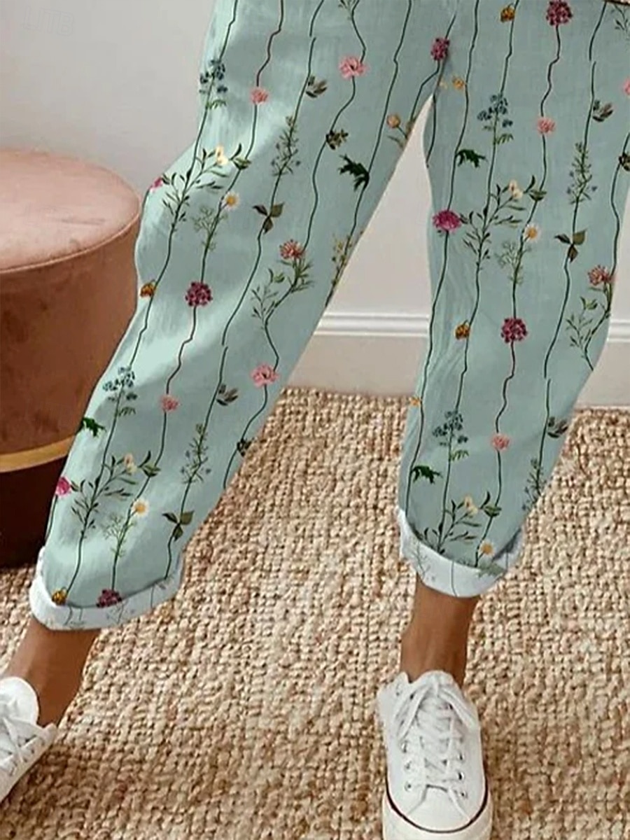 Dámské Kalhoty chinos prázdniny Vinobraní Etnický styl Po kotníky Vysoký pas Květinový Grafika Proužky Kapsy Yumuşak Venkovní Prodyšné Neelastické Dovolená ulice Ležérní Světle zelená Léto Jaro Podzim 2025 - $32.99 –P3