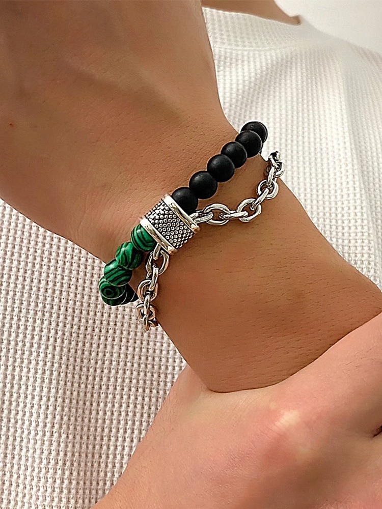 мужской браслет-цепочка из натуральных камней с бусинами – двухрядный регулируемый браслет с застежкой-тогл для повседневного, уличного и праздничного стиля 2025 - $9.99 –P3