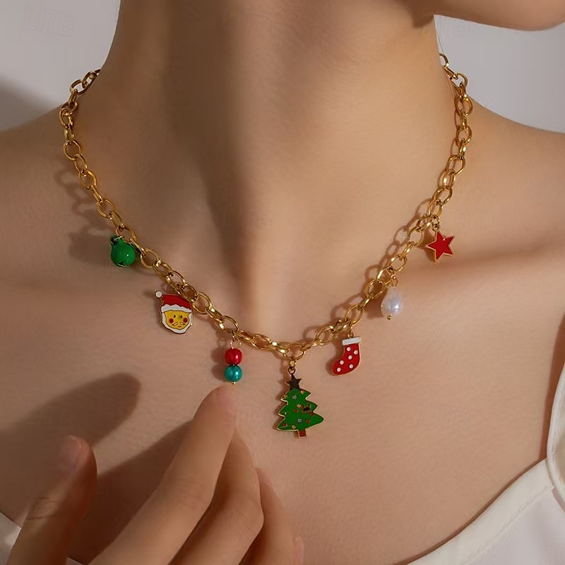 Conjunto de joyas navideñas para mujer: collar, pulsera y pendientes de cadena dorada con colgantes de árbol festivo, Papá Noel y medias, divertidos accesorios navideños para atuendos de fiesta 2025 - GBP £15.25 –P3