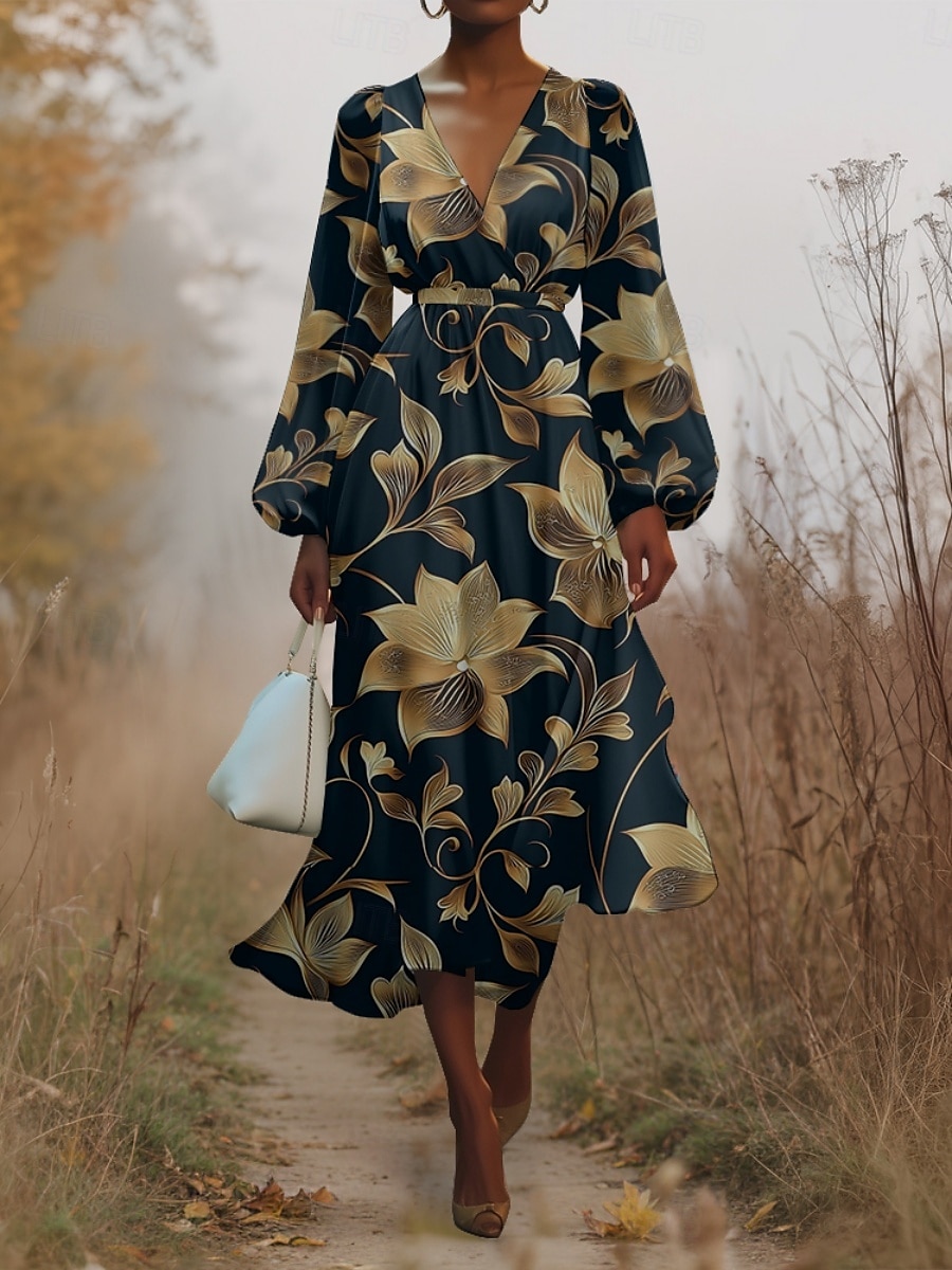 Femmes Robe Midi Robe Décontractée Mousseline de Soie Robe évasée Moderne Vacances Quotidien Week-end Coupe régulière Fleuri manche longue Col en V bleu marine Bleu Bleu de minuit Été Printemps de 2025 ? $31.99 –P1